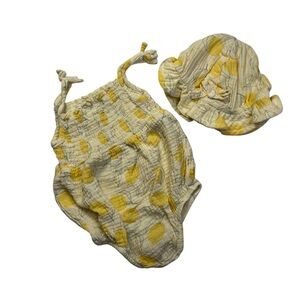Rabit + Bear By Emily And Oliver 6-9M Yellow Lemon Print Onesie And Matching Hat